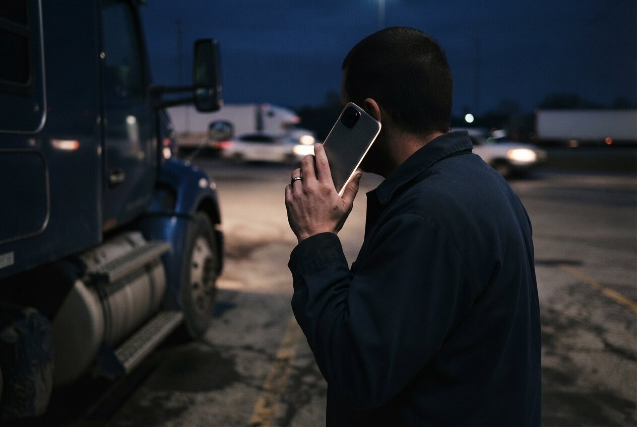 A close, low-light frame of a hand holding a lit phone at the wheel-side of a parked tractor, the interstate and passing